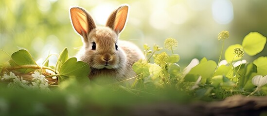 Aufkleber - A cute young bunny in an Easter costume sits amid fresh green nature in springtime The image includes ample space for copy 128 characters