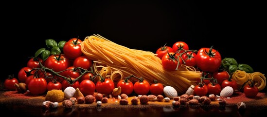 Poster - Italian pasta with a variety of tomatoes and dry spaghetti for cooking captured in a copy space image 100 characters