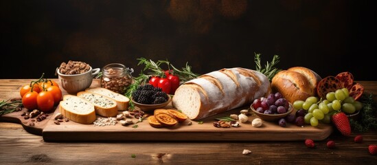 Aufkleber - Bread with toppings on a wooden board in a copy space image
