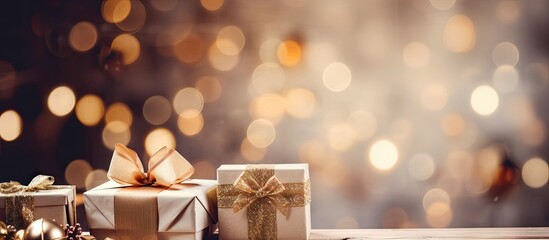Poster - Festive decorations and gift boxes arranged on a table for Christmas or New Year celebration A copy space image portraying the essence of winter holidays