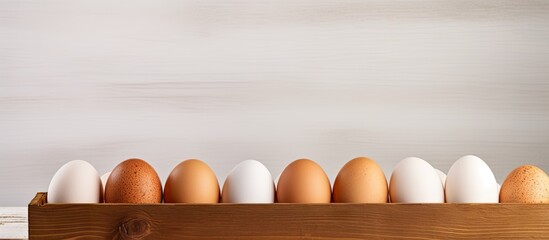 Aufkleber - A white wooden background with an egg box holding raw chicken eggs in a close up copy space image