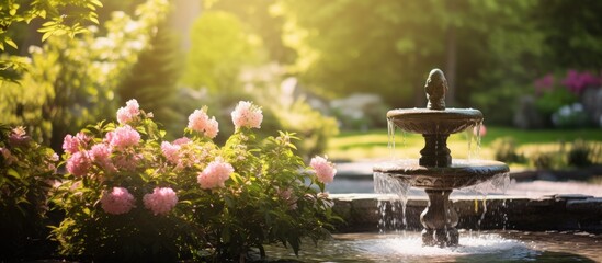 Poster - In the garden there is a charming spring water fountain providing a picturesque view with ample copy space image