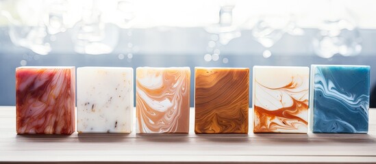 Aufkleber - A copy space image of homemade soap blocks with a marble pattern placed on a white wooden surface