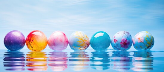 Poster - Close up copy space image of vibrant Easter eggs dyed with colored water creating a captivating design concept for the holiday activity set against a pale blue background