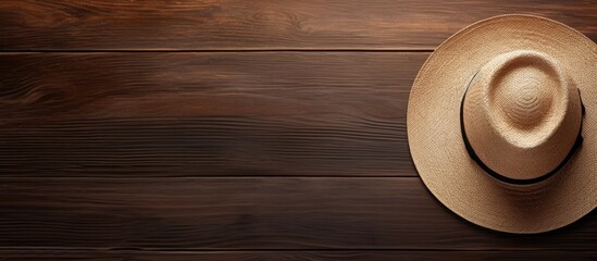 Poster - The top view of a hat resting on a wooden surface with a copy space image
