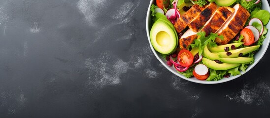 Poster - Aerial shot of a white bowl filled with a delicious salad The salad includes grilled chicken fillet and is placed on a light slate stone or concrete background There is also enough empty space for ad