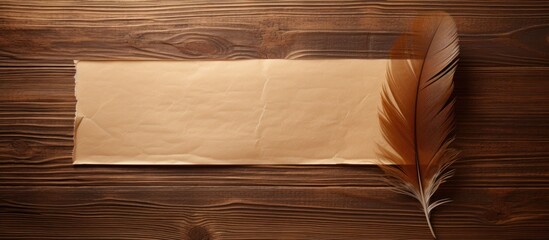 Aufkleber - Feather on brown wood with old paper in the background creating a copy space image