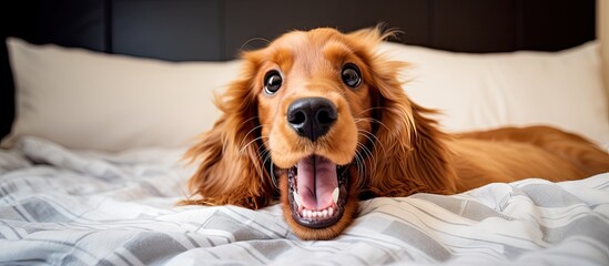 Poster - A playful English Cocker Spaniel puppy is seen resting on a cozy bed at home sticking its tongue out while gazing up from a top down perspective creating a cute and amusing image