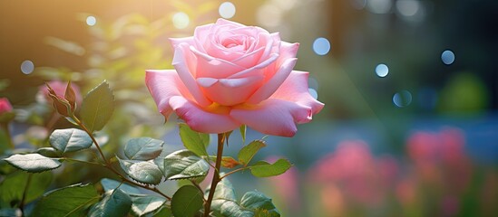 Aufkleber - In the garden there is a pink rose with copy space image