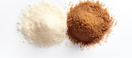 An overhead view of white and brown sugar isolated on a white background with empty space around it for other elements in the image. with copy space image. Place for adding text or design