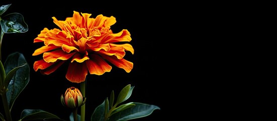 Wall Mural - An alternative medicine copy space image featuring a marigold flower with its leaf set against a black background