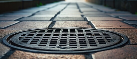 Aufkleber - A circular metal sewer line plate is positioned to the side against a concrete street or sidewalk providing copy space in the image