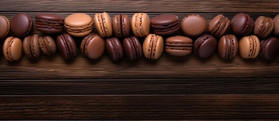 Poster - A copy space image of chocolate macaroons arranged in a top view on a wooden background