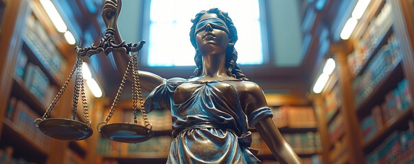 Wall Mural - Scales of justice and the statue of lady Justice in front of an office or court room, symbolizing law protection and legal.