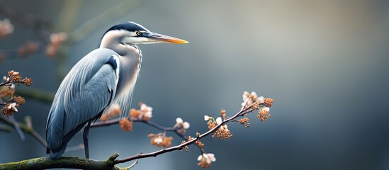 Aufkleber - A grey heron perches on a tree branch creating a tranquil image with plenty of copy space