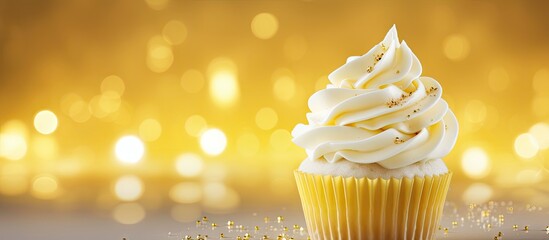 Poster - A beautifully decorated lemon cupcake with buttercream frosting white chocolate shavings and a lit candle The background showcases a vibrant yellow color with plenty of space available for additional