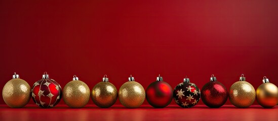 Poster - A festive arrangement of Christmas tree ornaments against a red backdrop with plenty of copy space for an image