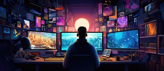 Poster - A graphic designer artist is seen immersed in their creative process surrounded by several computer screens each displaying different projects The image also includes ample copy space for adding text