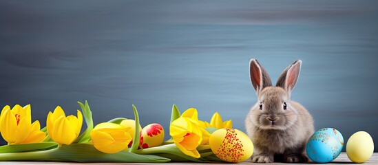 Aufkleber - An Easter themed arrangement featuring a rabbit colorful eggs and vibrant yellow tulips with ample space available for adding text