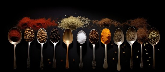 Aufkleber - A copy space image featuring a variety of spices and seasonings arranged neatly in spoons against a dark backdrop