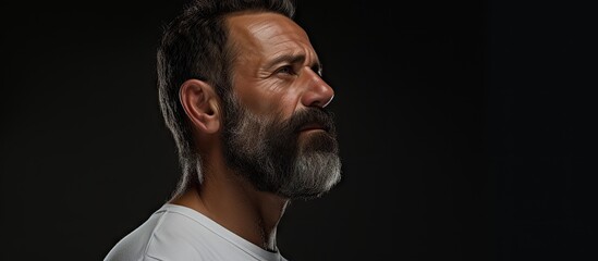 Aufkleber - Middle aged man with a beard wearing a white t shirt poses for a profile portrait His eyes are closed as he stands straight against a gray background. with copy space image