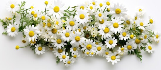 Poster - A floral arrangement of chamomile flowers on a white backdrop representing the essence of spring and summer Captured from a top down perspective offering ample space for creative use