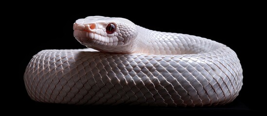 Poster - Black Albino Rat Snake in a coiled position isolated against a black background with a clipping path for easier removal from the image. with copy space image. Place for adding text or design