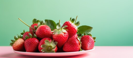 Aufkleber - A copy space image featuring ripe strawberries arranged beautifully on a pastel pink plate radiating vibrant colors