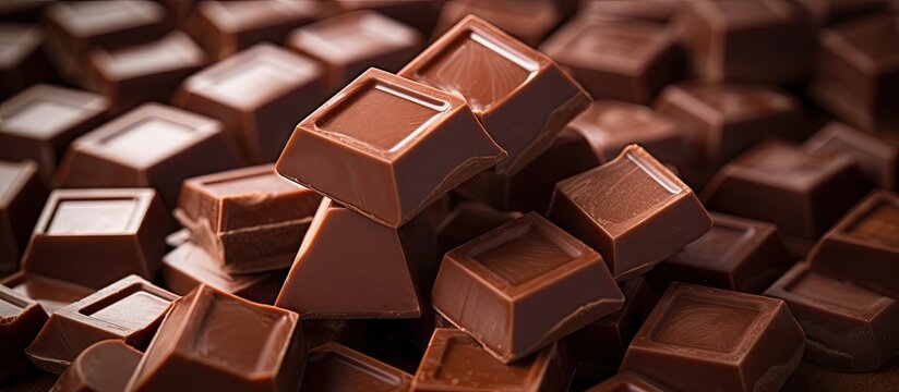 A detailed macro photograph capturing a close up image of chocolate pieces with ample space for text or graphics