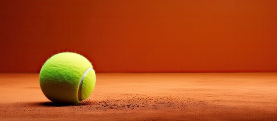 Wall Mural - Banner design featuring a tennis ball and racket on a clay court leaving room for text. with copy space image. Place for adding text or design