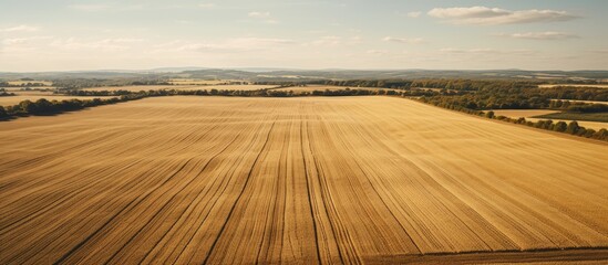 Fototapete - A picturesque aerial view captures the beauty of English farm fields post harvest offering ample copy space for an image