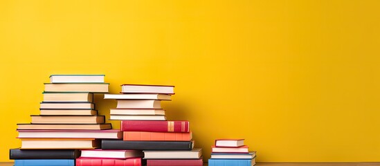 Fototapete - A colorful stack of books rests on a yellow background providing ample blank space for text This image embodies the concepts of Teacher s Day knowledge literature reading and erudition