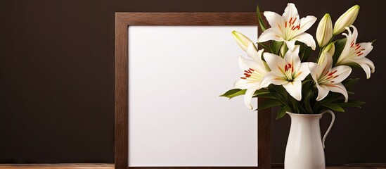 Poster - A mockup of a dark brown frame with a delicate bouquet of lilies and white and black vases The frame is empty serving as a template for presenting modern art Perfect for designing copy space images