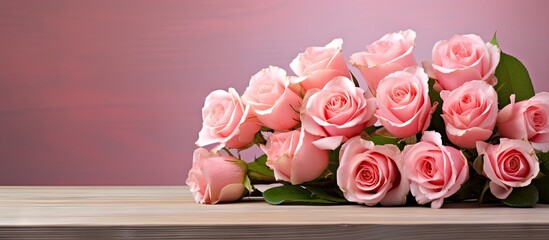 Poster - Closeup of a table displaying a bouquet of beautiful fresh roses with copy space image
