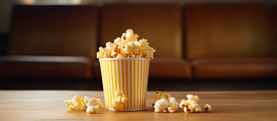 Aufkleber - The caramel popcorn is displayed in a paper cup set against a backdrop of a Loft with a 35mm film placed horizontally next to it There is a copy space image available 128 characters