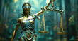 © Hound - Scales of justice and the statue of lady Justice in front of an office or court room, symbolizing law protection and legal.