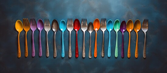 Poster - Colorful spoon and fork element arranged on a table from a top down perspective creating an appealing flat lay design with ample copy space image