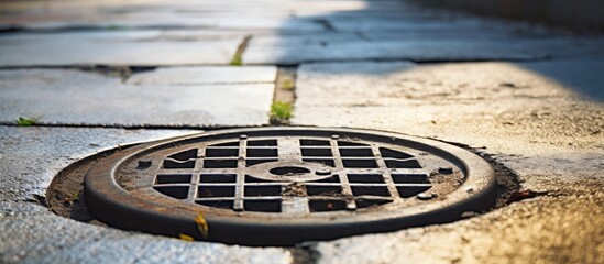 Aufkleber - A circular metal sewer line plate is positioned to the side against a concrete street or sidewalk providing copy space in the image
