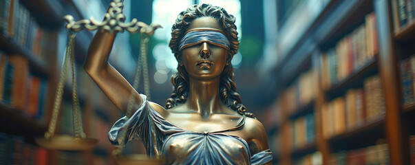 Scales of justice and the statue of lady Justice in front of an office or court room, symbolizing law protection and legal.