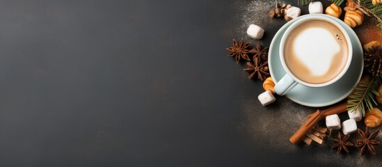Aufkleber - A festive mood is evoked by a top view of a high quality photo showing a hot beverage adorned with marshmallows and caramel cone sticks in a close up copy space image