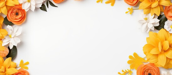 Poster - Isolated on a white background a corner of the flat lay features a frame decoration made of yellow and orange paper craft flowers The frame is a mockup with copy space available for your text