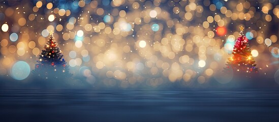 Aufkleber - Indoor copy space image of a blurred fir tree adorned with enchanting Christmas lights evoking a joyous and festive atmosphere