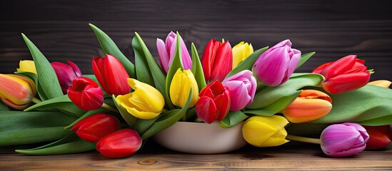 Aufkleber - A copy space image featuring vibrant tulips beautifully arranged on a wooden tray