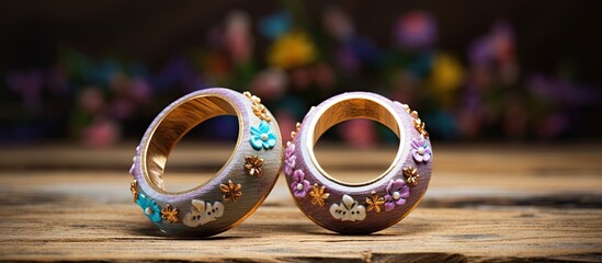 Aufkleber - Easter themed rings resembling bunny ears adorned with ornaments against a wooden backdrop an ideal copy space image