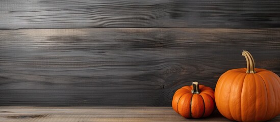 Poster - A charming silky pumpkin color contrasts against a rustic grey wooden backdrop offering ample room for lettering Perfect for Halloween and Thanksgiving the copy space image is ideal for registering re