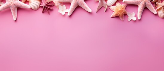 Aufkleber - A beautiful summer flat lay concept featuring sea stars on a vibrant pink background This top view composition captures the essence of summer and provides ample copy space for added details