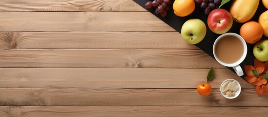 Poster - A bird s eye view of a wooden office desk adorned with supplies fruits and an area for placing text or images Evoking a sense of lifestyle and wellness Mock up close up option available