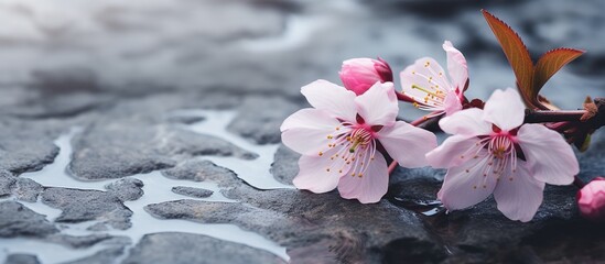 Aufkleber - A macro image of a Cherry Blossom or Sakura flower is captured in close up on a stone background offering copy space This picture can be used as a floral border template for spring and summer themes