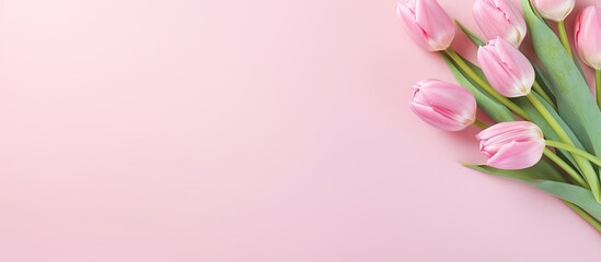 Poster - A pink tulip bouquet rests on a pastel background symbolizing occasions like Mother s Day Valentine s Day and birthdays It evokes a greeting card vibe with ample empty space for text as seen from a to