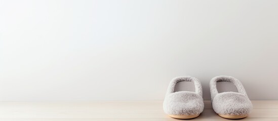 Poster - Copy space image featuring a pair of soft slippers resting on a light grey background The slippers are laid out flat and there is room for adding text